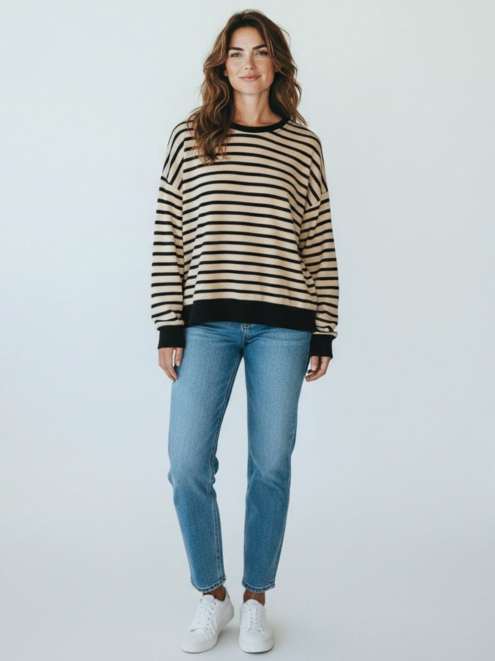 She + Sky Large Beige Black Striped Oversized Pullover Sweatshirt